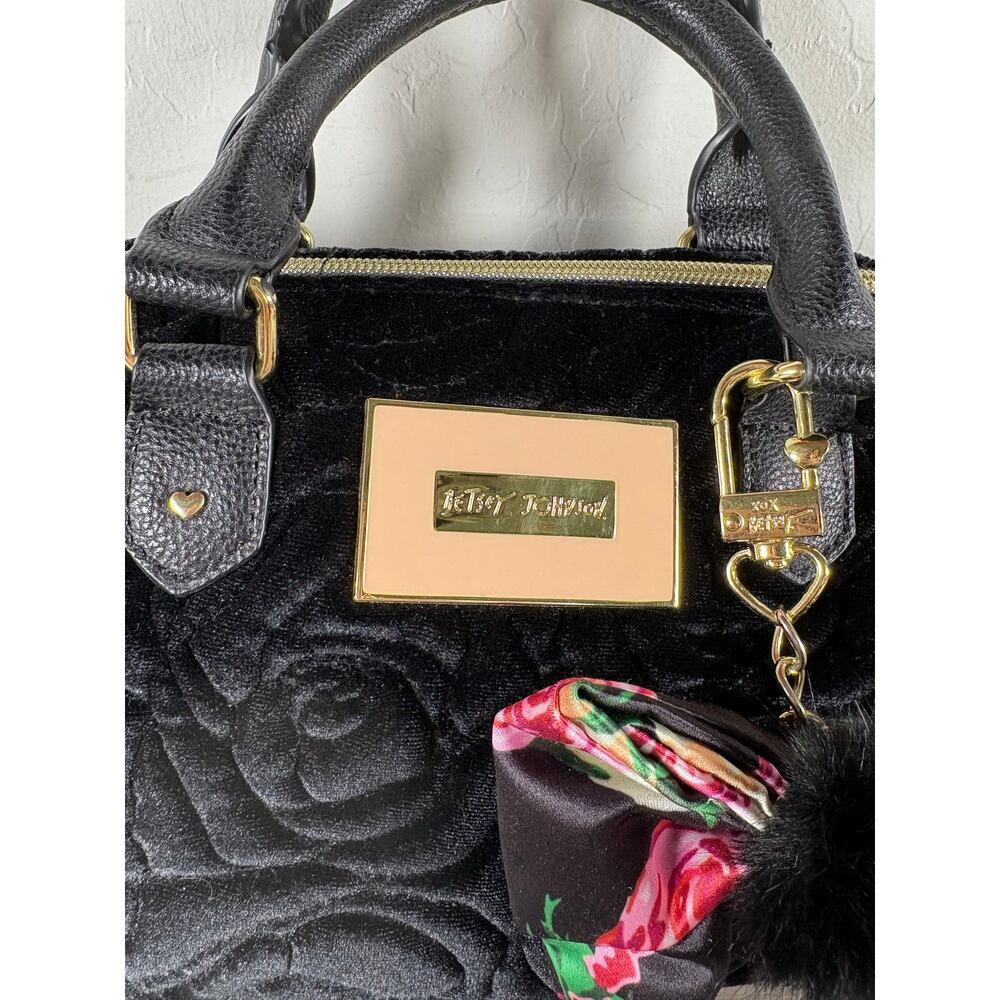 Betsey Johnson Black Velvet Crossbody Satchel with Floral Bow - Picture 5 of 7